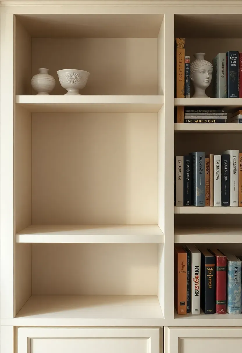 One shelf section left deliberately empty alongside a richly styled adjacent section — the contrast between the empty cream shelf surface and the decorated section beside it, soft natural light