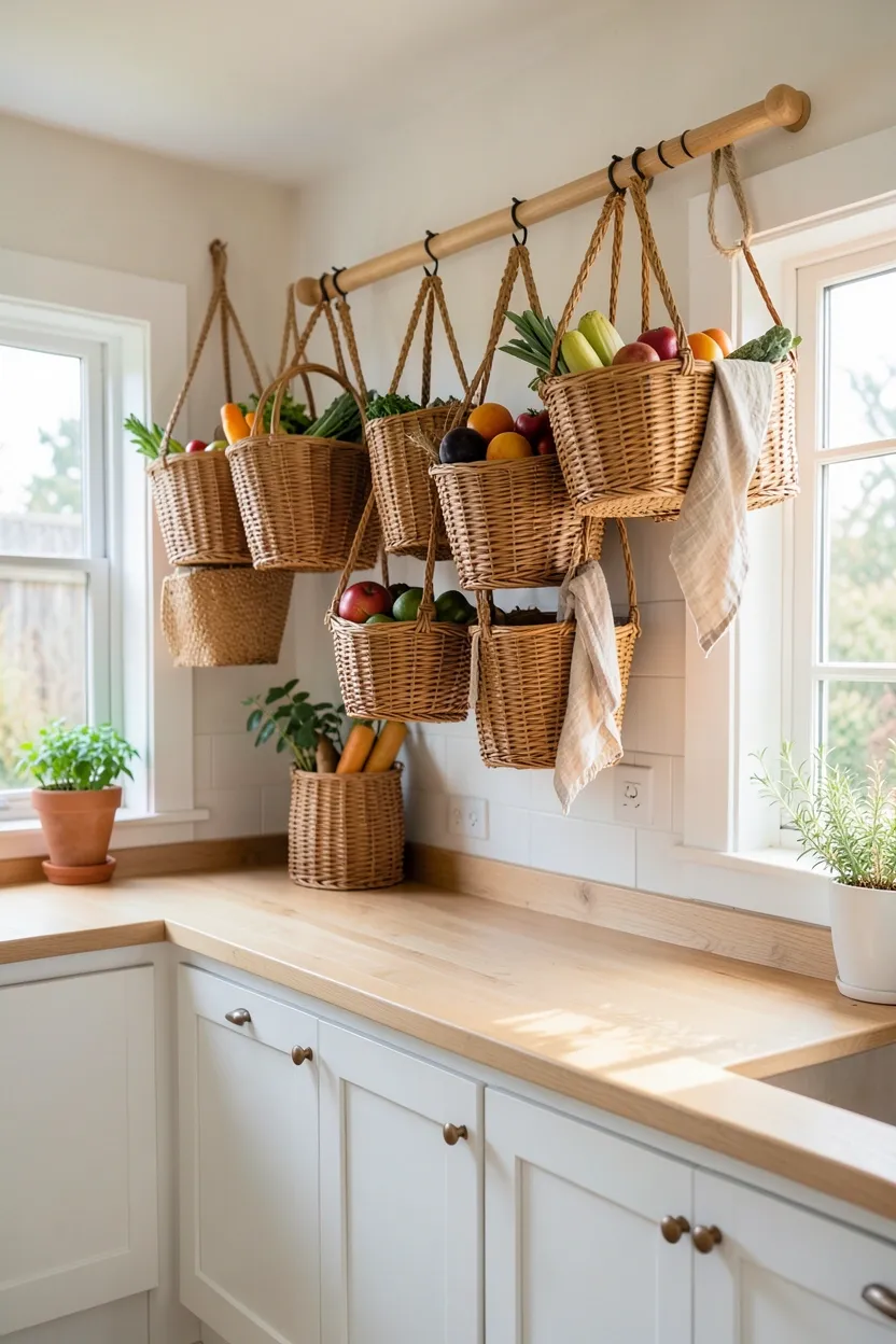 Hyper-realistic eye-level photograph of a boho kitchen with woven hanging baskets. Multiple baskets of varying sizes hang from S-hooks on a wall-mounted rail. The baskets are natural rattan and bamboo in warm honey tones. The baskets hold vegetables, fruits, and kitchen linens. Below, white shaker cabinets and light wood countertops. Natural light streaming through window. Materials: natural rattan, bamboo, white painted wood, light oak. Functional and organic boho mood. Sharp focus on basket weave textures and hanging details. No text, no logos, no watermarks.</p>
