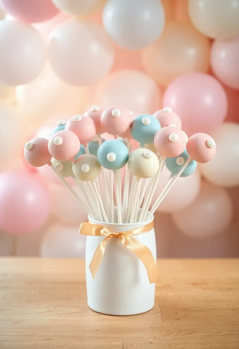 pastel pink and blue cake pops arranged in a floral bouquet style inside a decorative vase at a baby shower dessert table