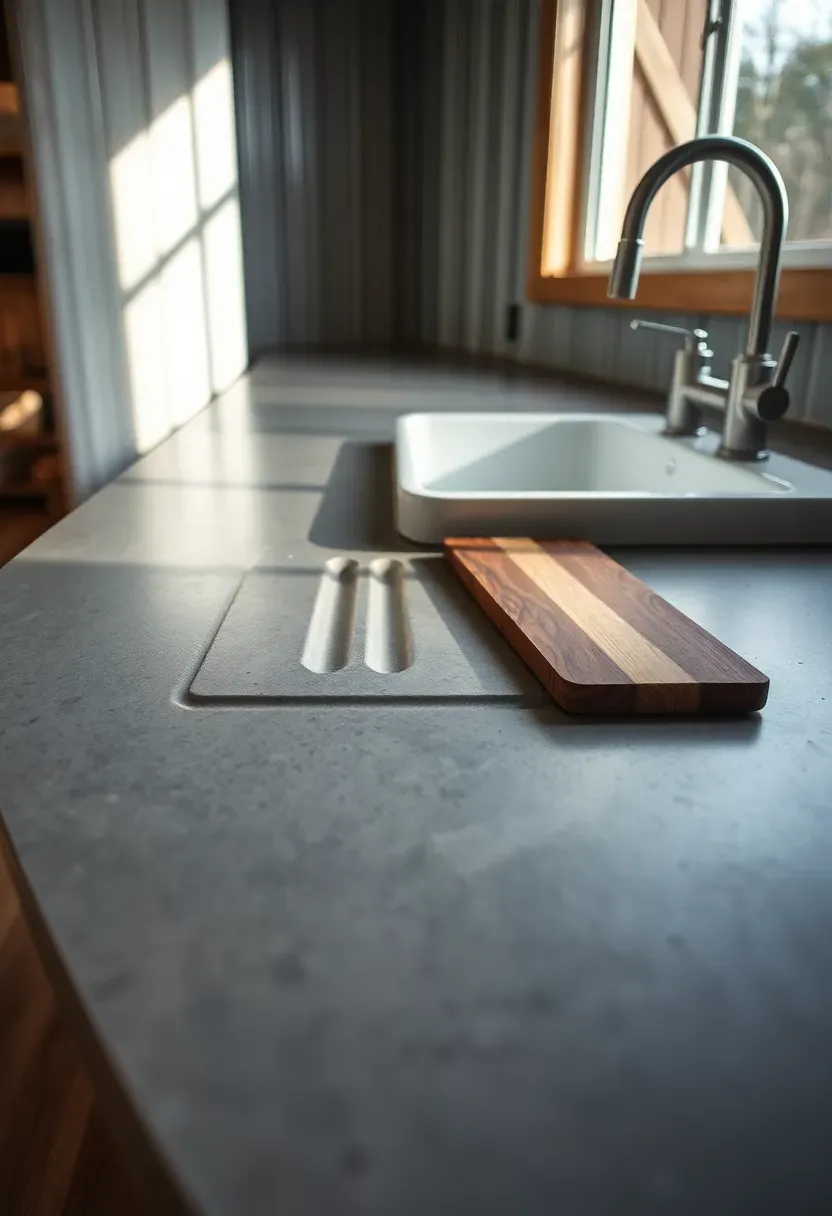 poured concrete kitchen countertop with integrated drainboard in a barndominium