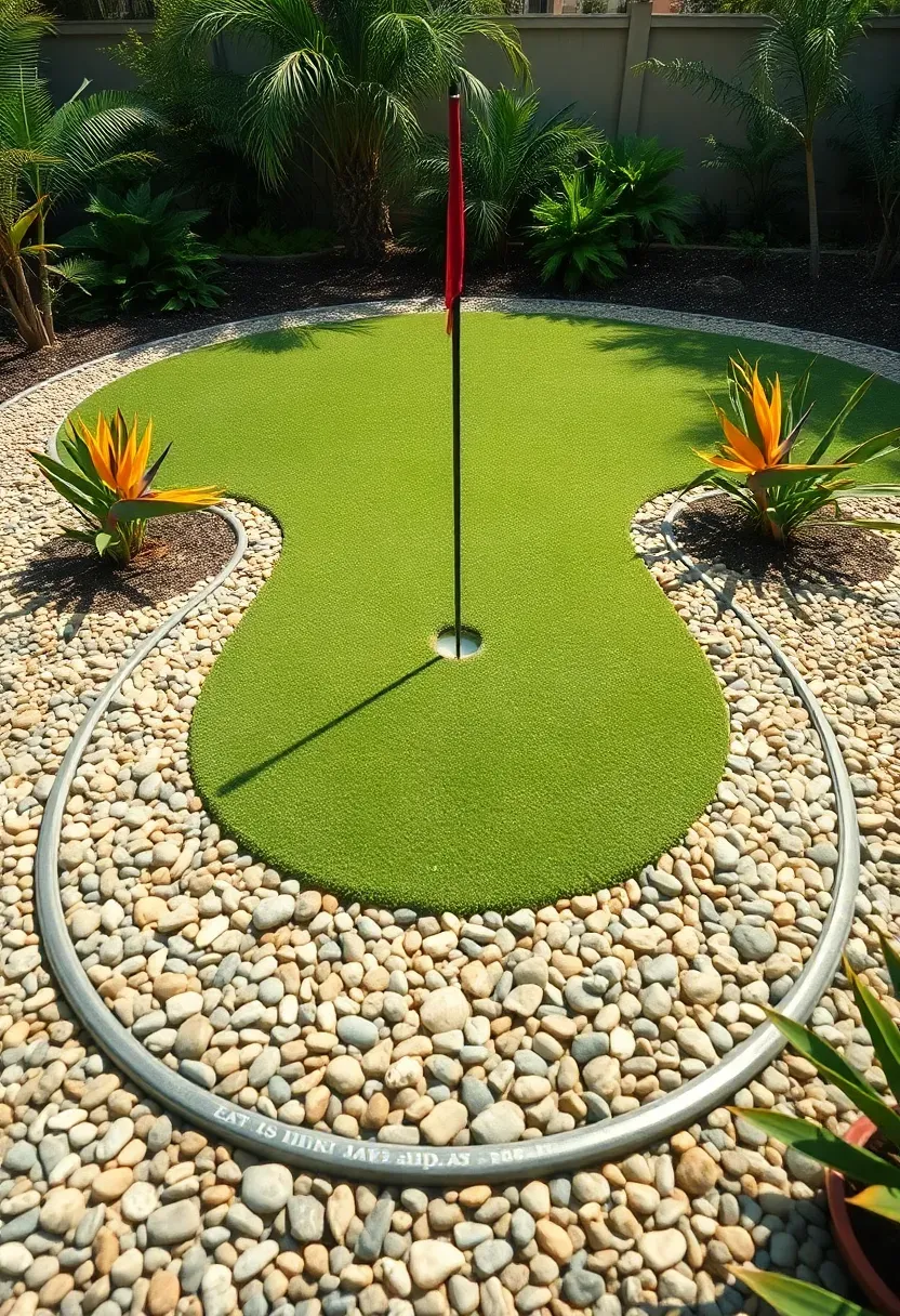 Oval putting green surrounded by a wide border of decorative river gravel with tropical plants at the corners