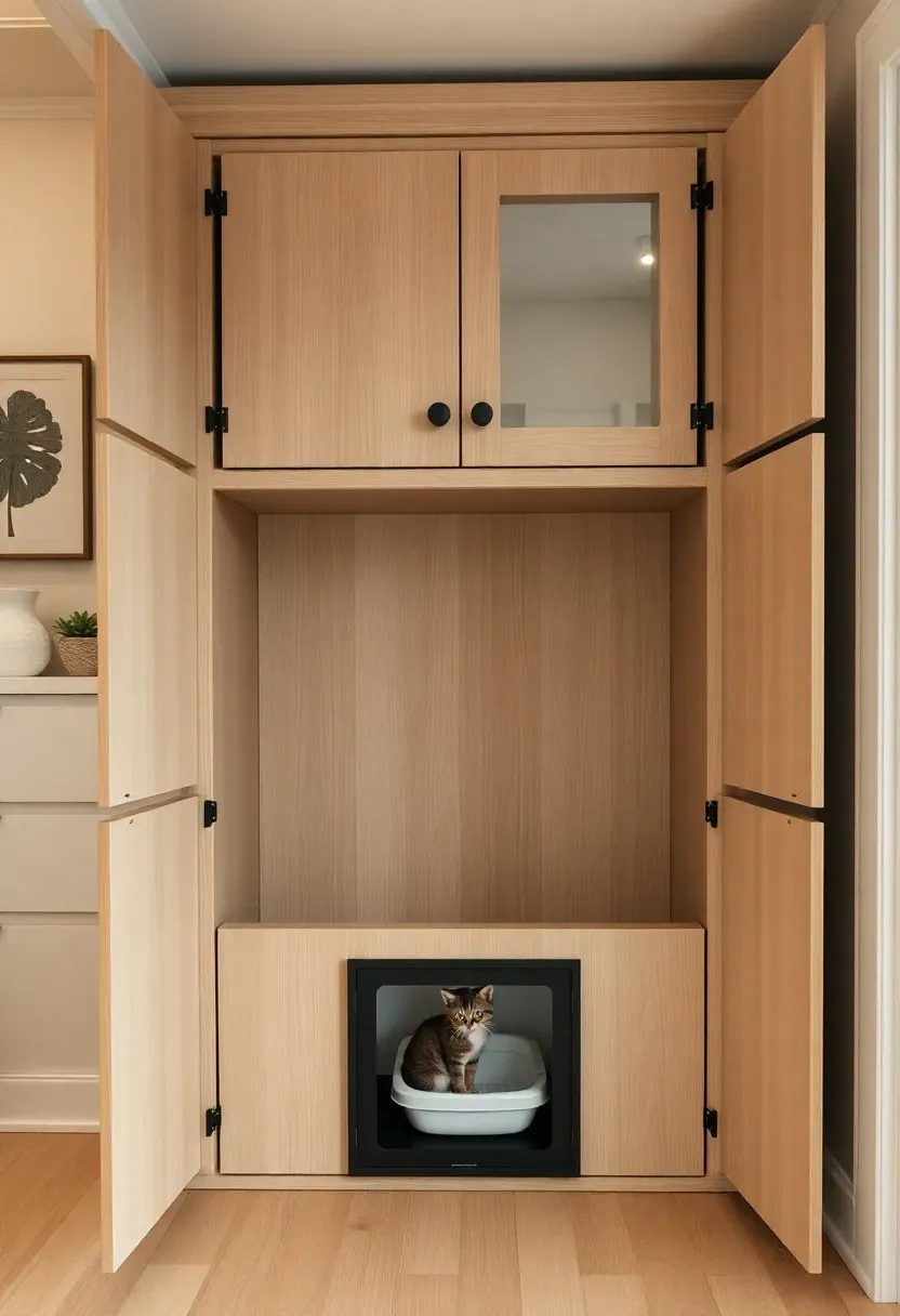 Hyper-realistic 3/4 view of tiny house with built-in litter box cabinet, showing floor-to-ceiling white oak cabinet with cat door opening at bottom, ventilation slots near top, upper cabinet doors open showing litter storage, interior visible through cat door showing litter box with removable tray. Materials: white oak cabinet, black cat door frame, matte black cabinet pulls, white interior, light wood floor. Warm diffused light, soft shadows, visible tiny house context with neutral walls and minimal decor.</p>