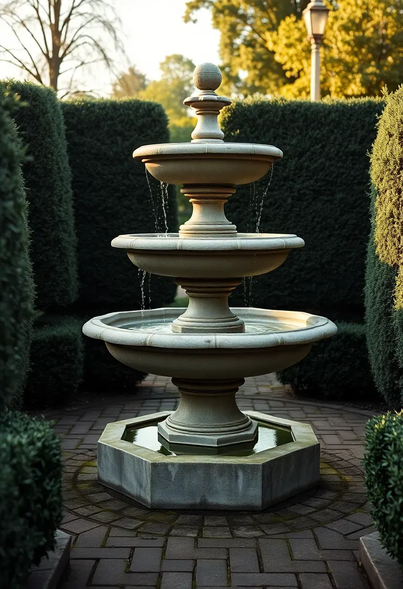 Three-tier cast stone garden fountain with water cascading between bowls surrounded by boxwood hedges