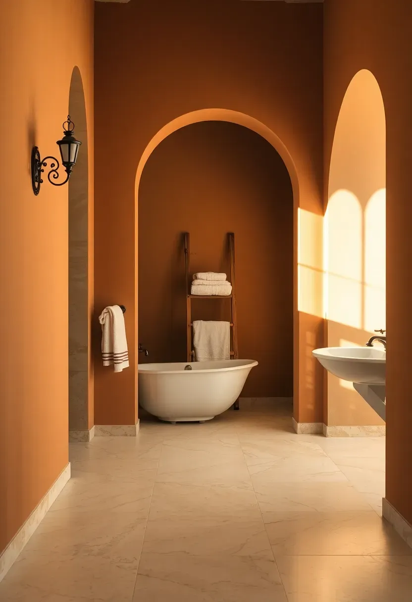 Honed travertine tile bathroom floor in warm ivory tones filled and sealed classic Mediterranean style with arched doorway