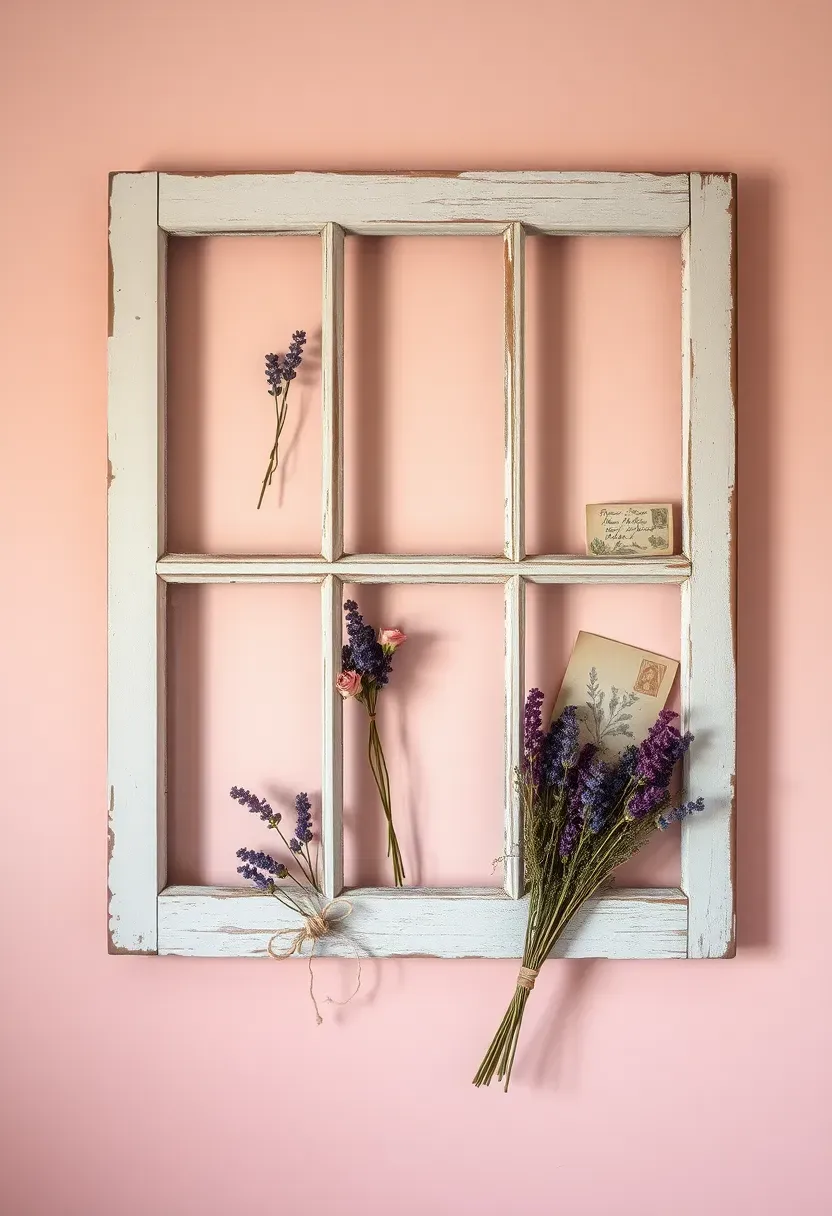 Salvaged distressed window frame repurposed as wall art with dried flowers and lace hung inside the panes