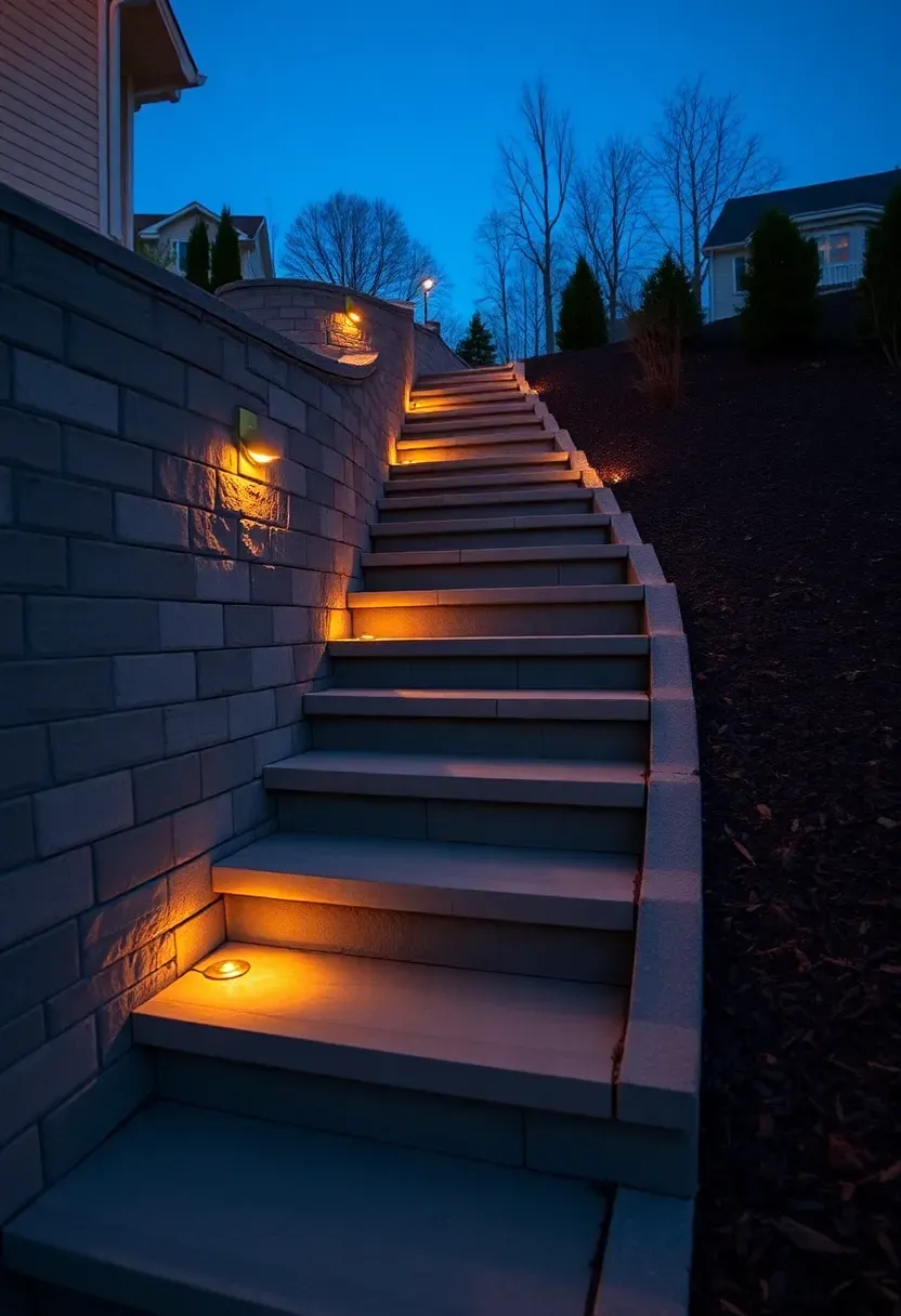 Interlocking concrete block retaining wall with built-in stone slab steps ascending a steep backyard slope with landscape lighting