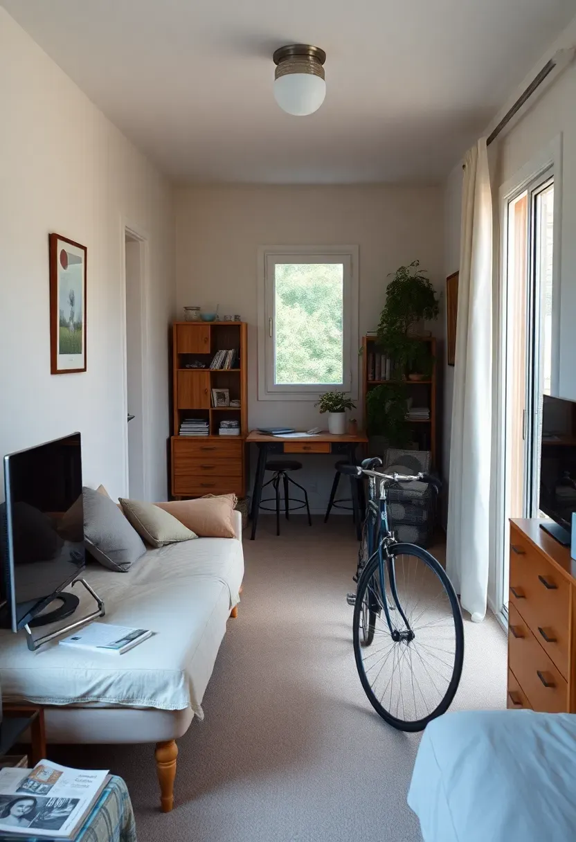 Hyper-realistic view of financial freedom through extreme minimalism. Scene showing simple lifestyle with low costs: small efficient living space, minimal furniture meaning lower replacement costs, bicycle instead of car, home cooking instead of restaurants. Contrasted with mental image of money not being spent on unnecessary possessions. Clean organized space, few visible belongings. Financial freedom mood showing how reduced consumption creates surplus resources for experiences, savings, and time rather than things.</p>