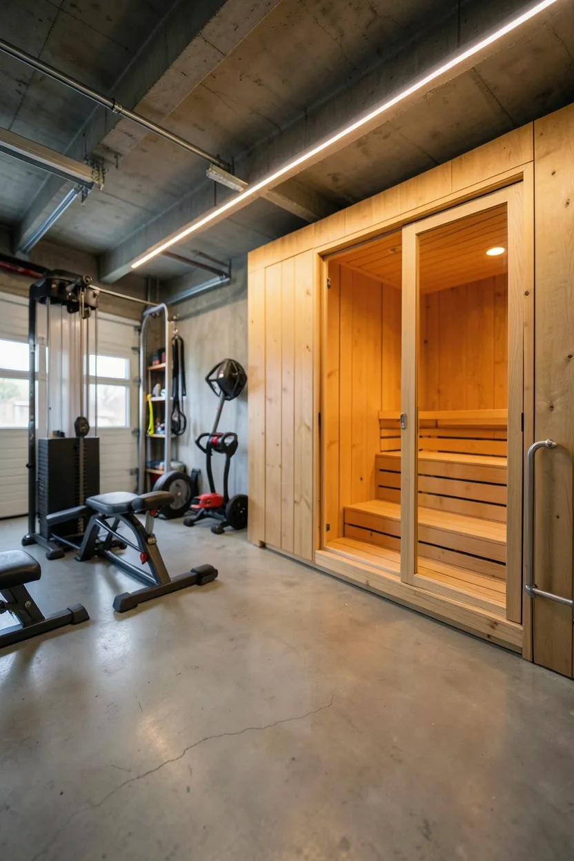 Converted garage home gym with modular cedar sauna along side wall, light gray epoxy concrete floor, LED ceiling strip lighting, and bold-color workout equipment