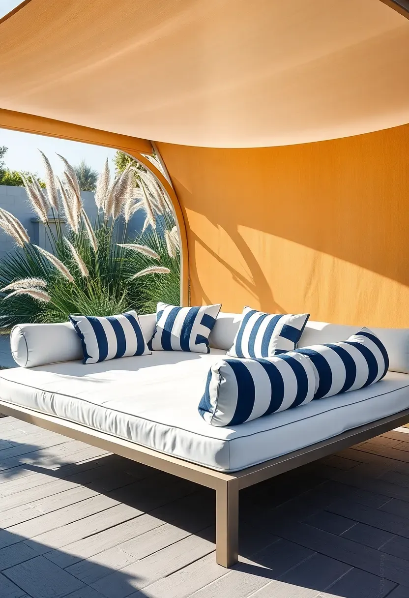 Outdoor daybed lounge with canopy shade on a backyard deck, white and navy cushions, surrounded by tall ornamental grasses