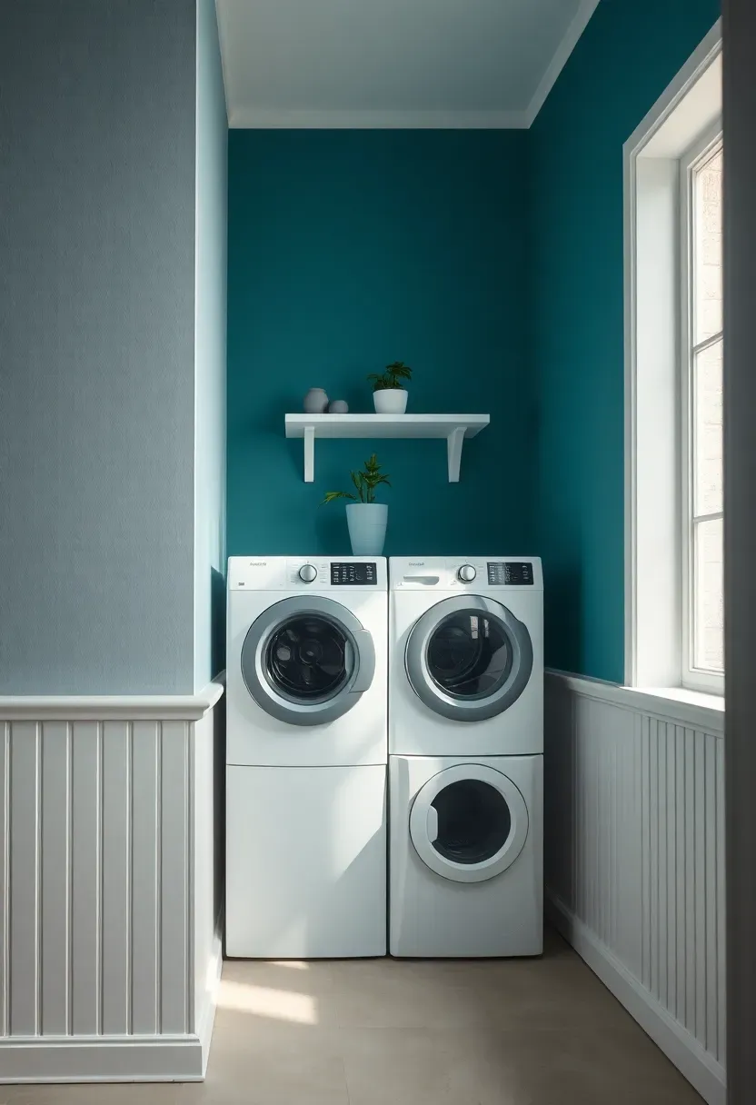 White beadboard wainscoting on the lower half of laundry room walls with deep teal paint above and stacked modern machines