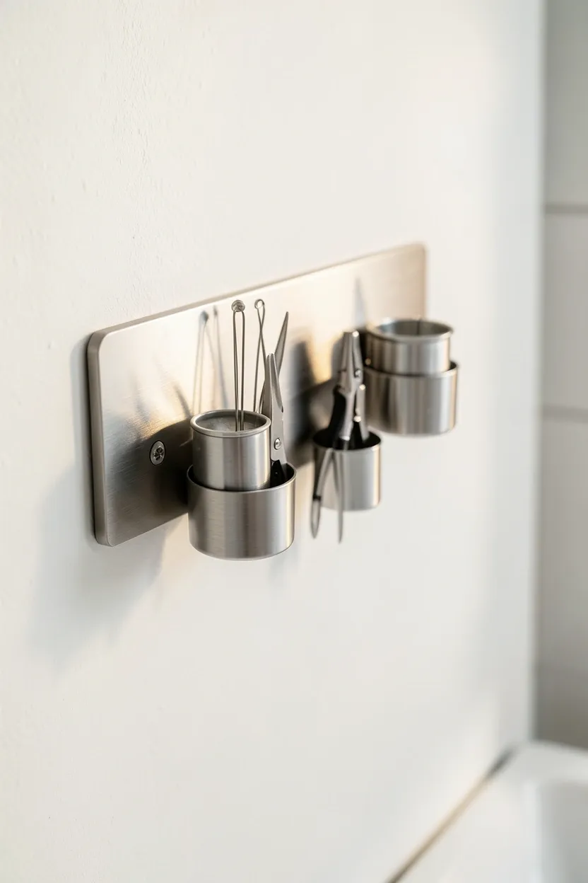 Matte black magnetic wall strip organizer holding small metal beauty tools and hair accessories on a rental bathroom wall