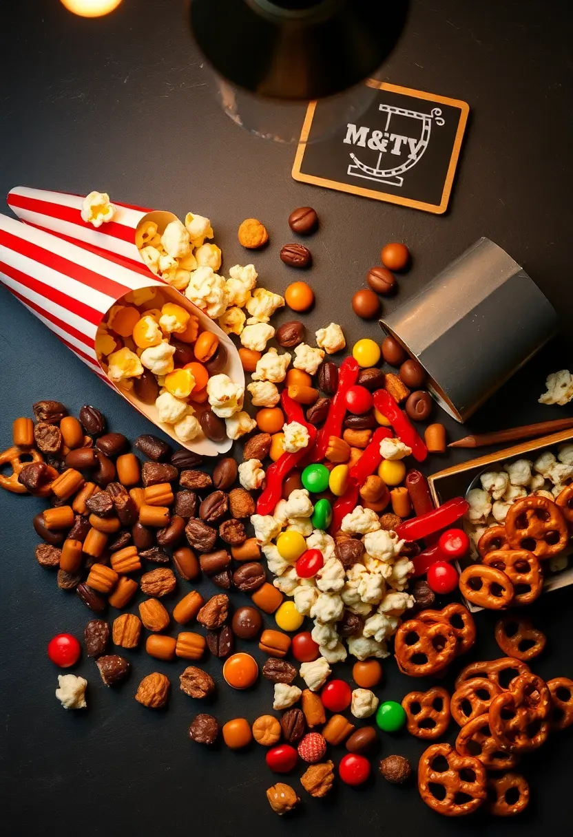 Movie night candy board filled with popcorn, classic candies, and theater-style treats