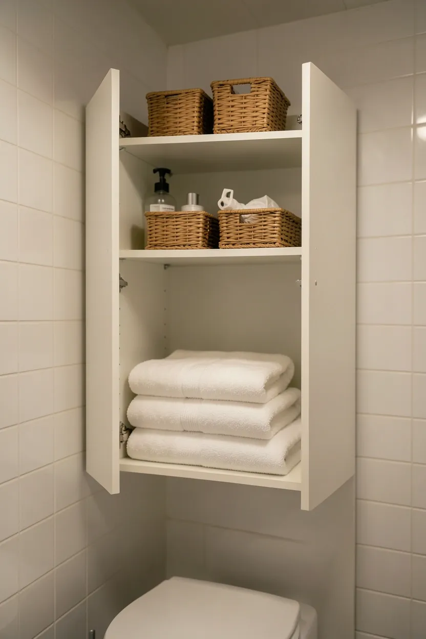 Floating shelves above a toilet storing towels and toiletries in a small apartment bathroom