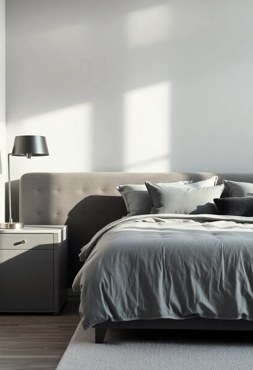 monochrome gray bedroom with walls painted in light gray a darker gray upholstered bed medium gray bedding and charcoal accent pillows