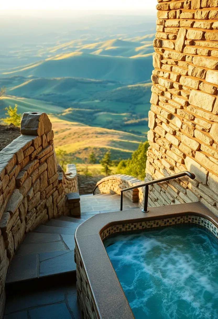 A hot tub built into a sloped hillside with a stone retaining wall and steps leading down to the spa with a valley view beyond