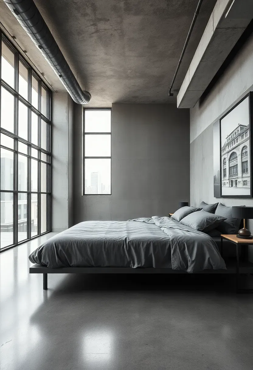 urban loft masculine bedroom with steel frame windows and polished concrete floor