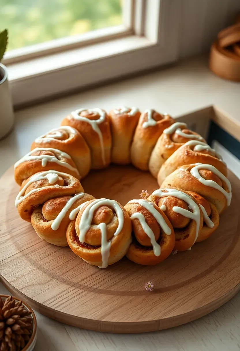pull-apart cinnamon roll wreath with cream cheese glaze on a round wooden board surrounded by fresh flowers at a baby shower