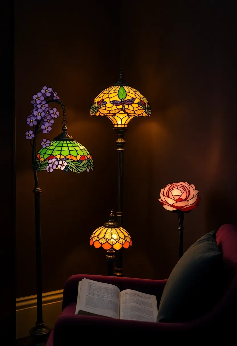 Tiffany-style lamp cluster with colorful stained glass shades in a cozy Art Nouveau reading nook