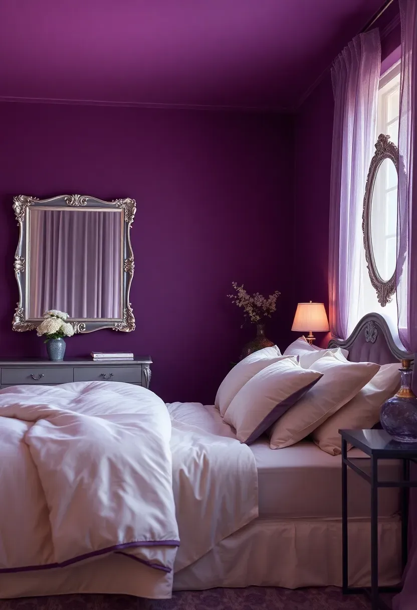 Hyper-realistic 3/4 view of romantic bedroom with deep plum purple walls, ivory velvet bedding, silver mirror and accents, sheer lavender curtains. Materials: matte plum purple paint, ivory velvet duvet, polished silver picture frame and mirror, sheer lavender fabric. Warm ambient light with purple undertone (2700K), soft window light through sheer curtains. Dreamy romantic mood, shallow depth of field with rich purple depth. No text, no logos, no watermarks.</p>