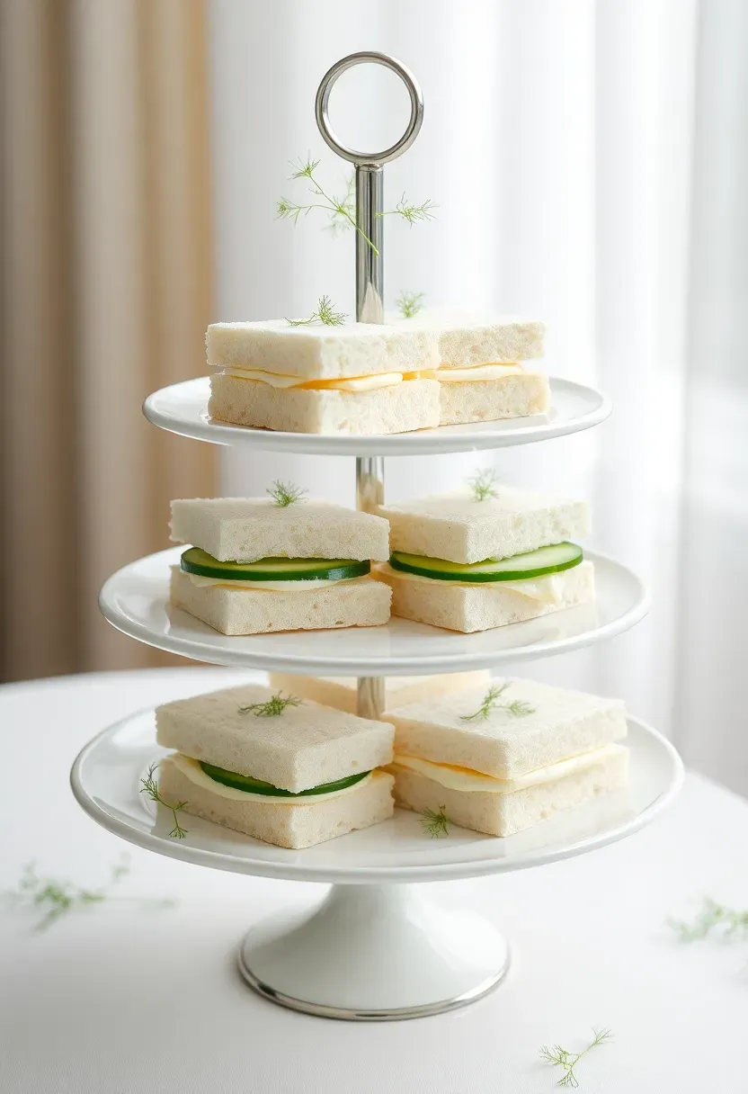 elegant cucumber dill tea sandwiches cut into rectangles with cream cheese filling on a three-tier porcelain stand