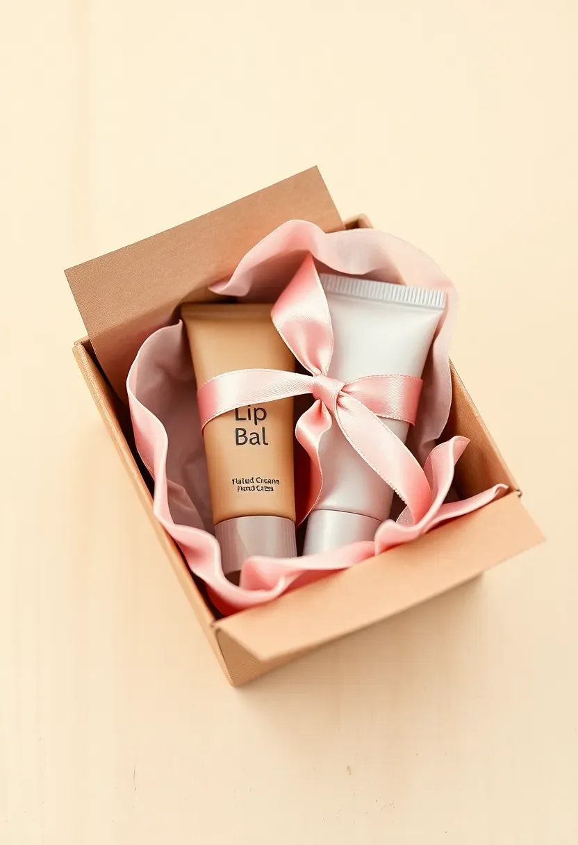 lip balm and hand cream set in a small kraft paper box with a pink ribbon bow and a baby shower prize tag on a wooden surface