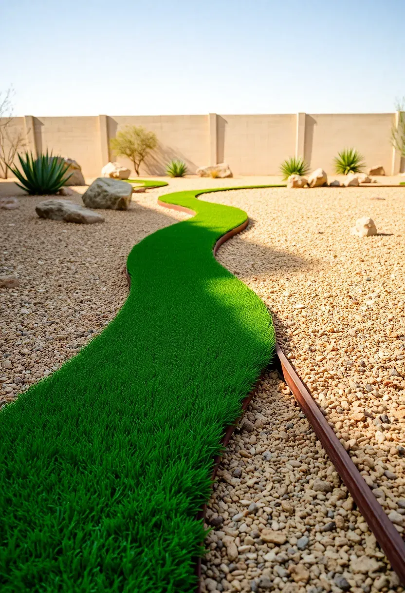 Narrow strip of bright green synthetic turf winding through a bed of tan decomposed granite in a desert-style backyard