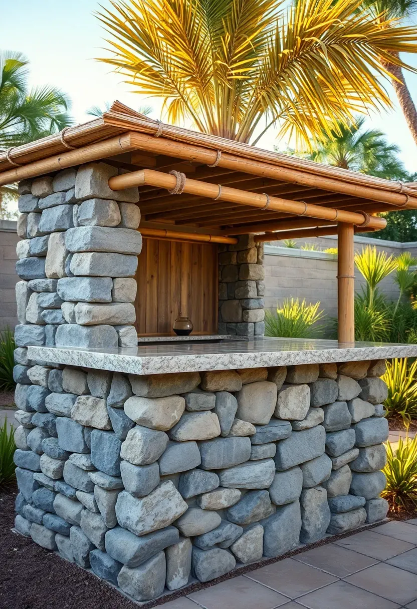 L-shaped tiki bar with a stacked stone base and bamboo upper walls topped with natural palm thatch in a landscaped backyard
