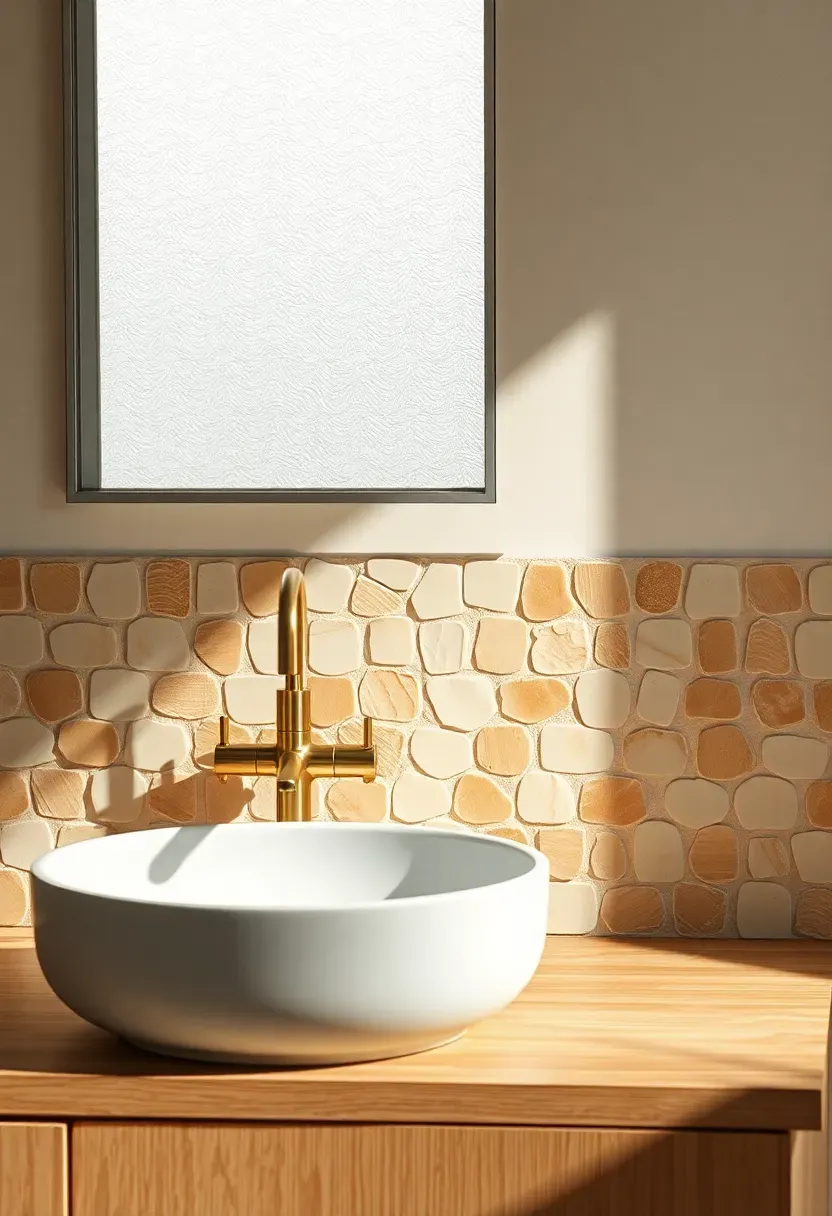 Close-up of handmade Zellige tile backsplash in warm cream and sand tones with irregular edges and reflective glaze variations behind a brass faucet