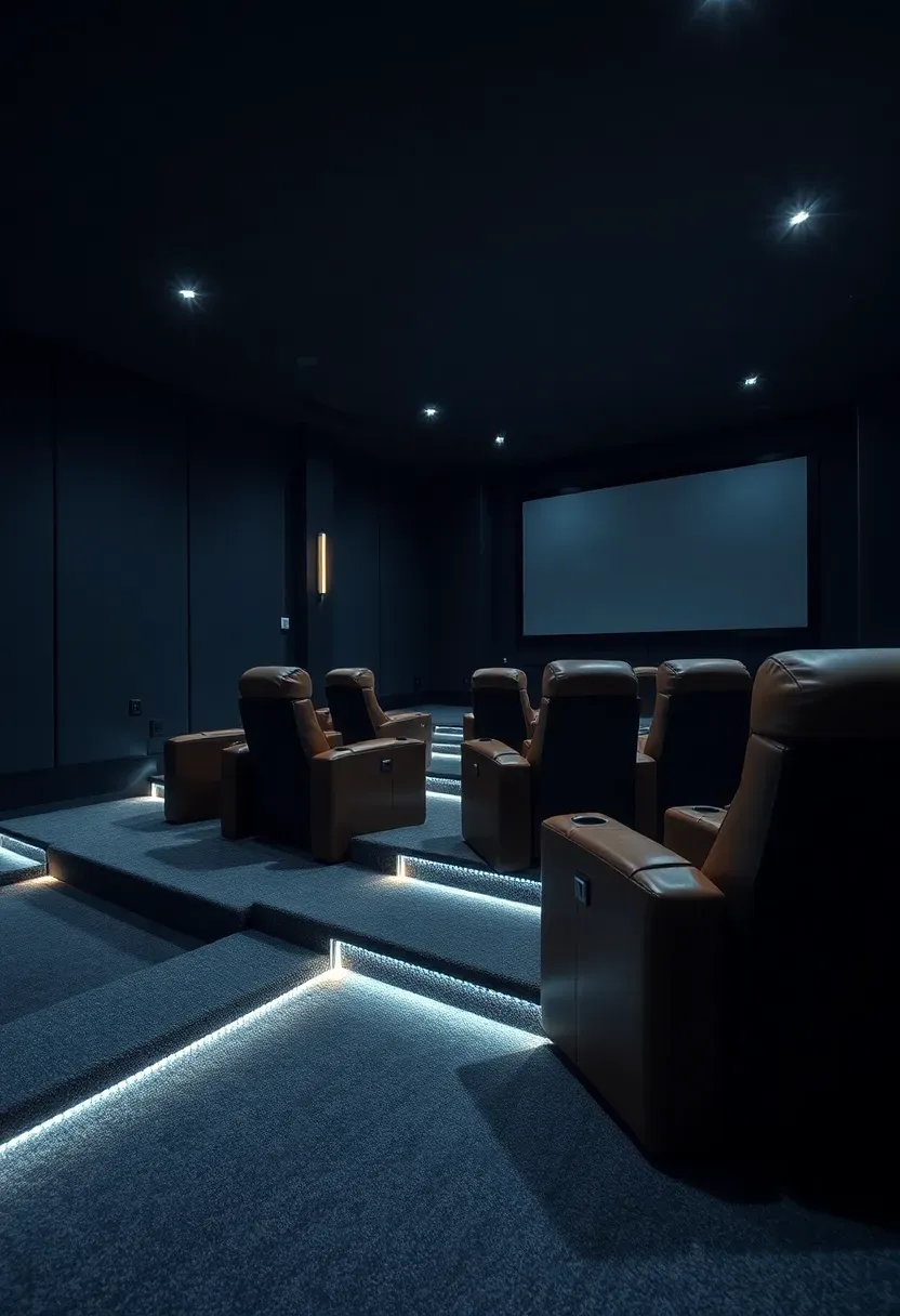 Dedicated basement home theater with tiered seating, dark acoustical walls, projection screen, and star-effect fiber optic ceiling