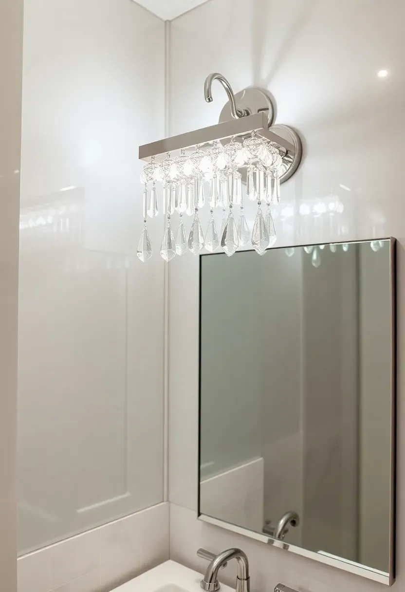 Crystal bar sconce with hanging crystals above a beveled mirror in a glamorous bathroom with marble walls and gold accents