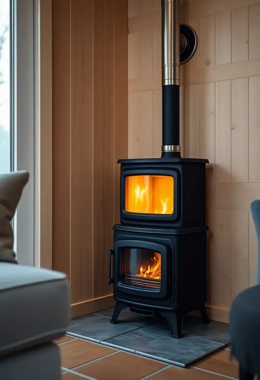 Hyper-realistic 3/4 view of tiny house living corner with compact cast iron wood stove installed. Materials: matte black cast iron wood stove, brushed nickel chimney pipe, light wood wall with proper heat shield, stone tile hearth. Warm glow from fire visible through glass door, cozy winter evening ambiance with firelight reflecting on nearby surfaces, minimalist rustic-modern aesthetic. Shallow depth of field, sharp details on wood stove casting and chimney installation, visible tiny house scale with appropriately sized stove. No text, no logos, no watermarks.</p>