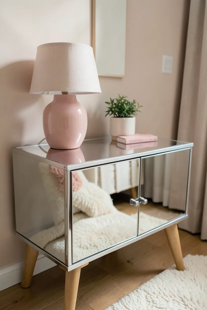 Mirrored glass nightstand styled with small pink ceramic lamp, plant in pink pot, and tassel detail in boho nursery