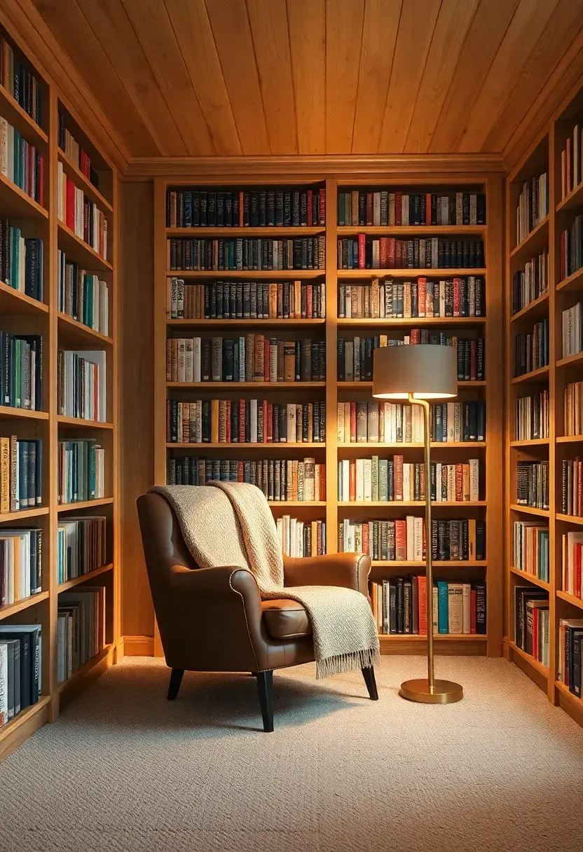 Floor-to-ceiling wooden bookshelves in a finished basement library nook with a reading chair, warm lamp, and hundreds of organized books