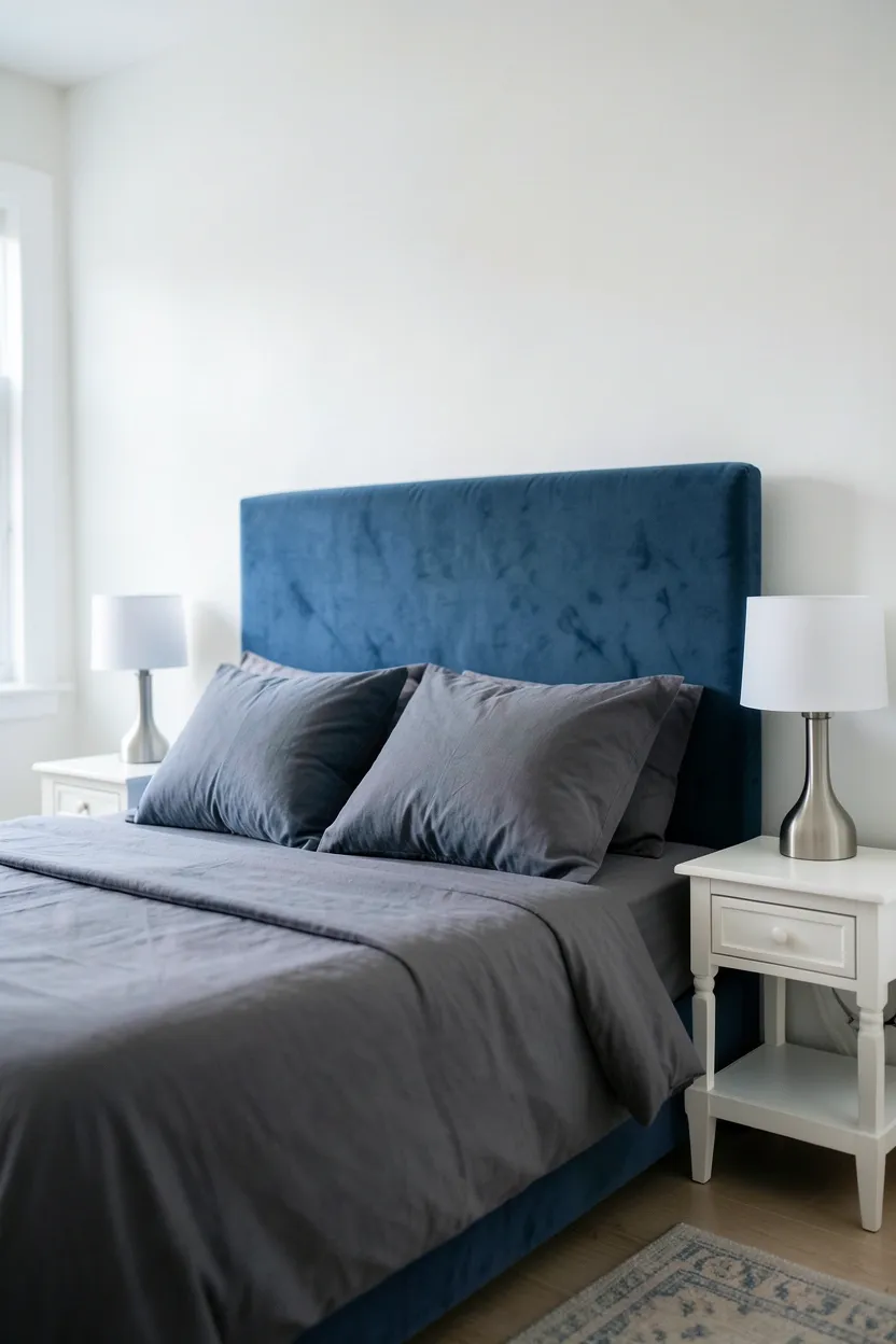 Hyper-realistic eye-level photograph of upholstered serene blue headboard behind king bed with charcoal gray bedding. White walls, two white nightstands, minimalist table lamps, blue accent pillows on bed. Materials: velvet blue upholstered headboard, gray cotton bedding, white painted wood nightstands, brushed steel lamp bases. Soft natural light from window, serene elegant atmosphere. Shallow depth of field, sharp details on headboard texture, balanced composition showing headboard, bed, and wall context. No text, no logos, no watermarks.</p>