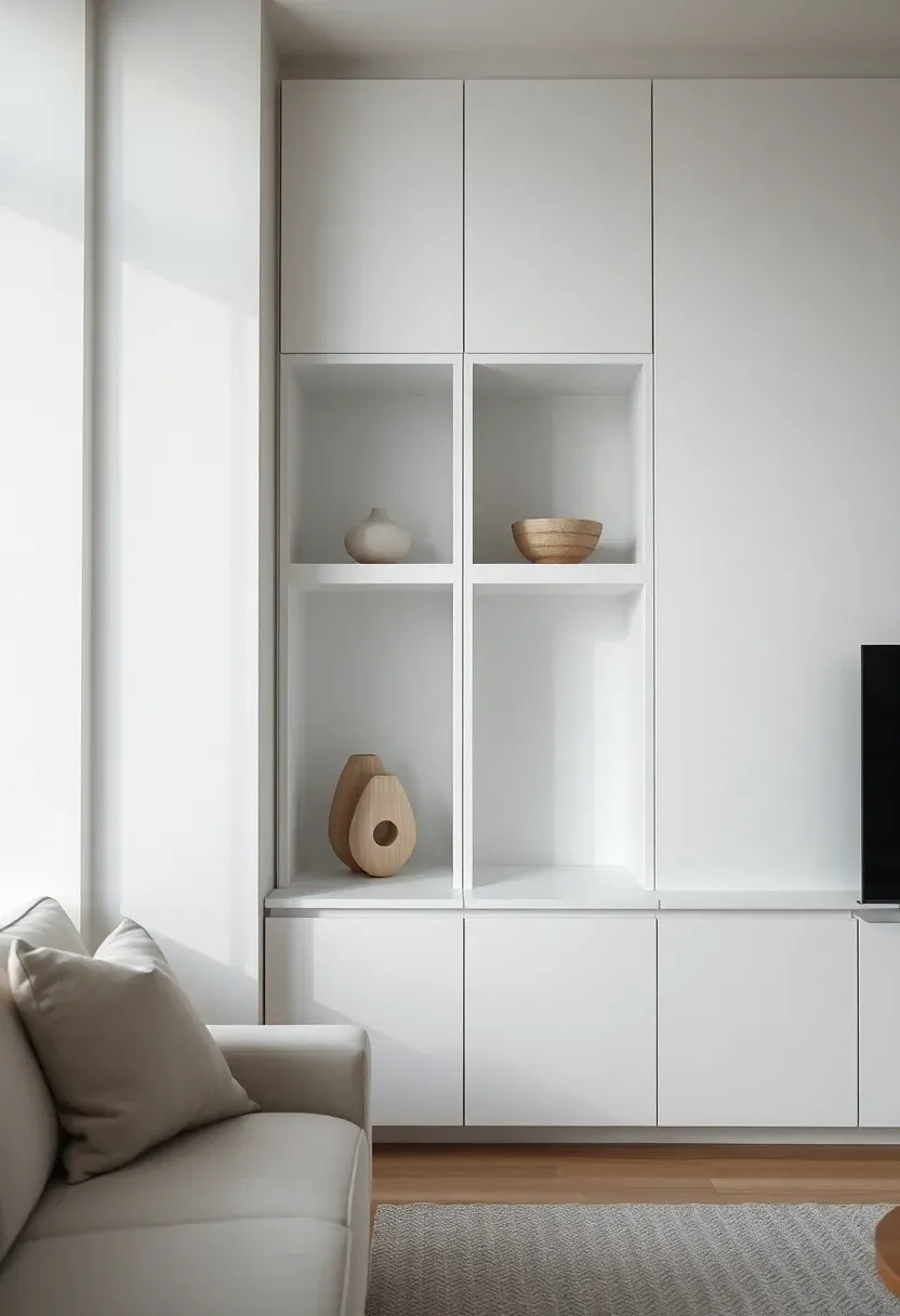 Hyper-realistic close view of minimalist living room white wall with flush-mounted white cabinets, recessed niches with objects, all surfaces flush and level, minimal visible seams, hardware concealed. Materials: white matte painted cabinetry flush with wall, white walls, displayed ceramic objects. Natural light, seamless integrated mood. Invisible storage, shallow depth of field, no text, no logos.</p>