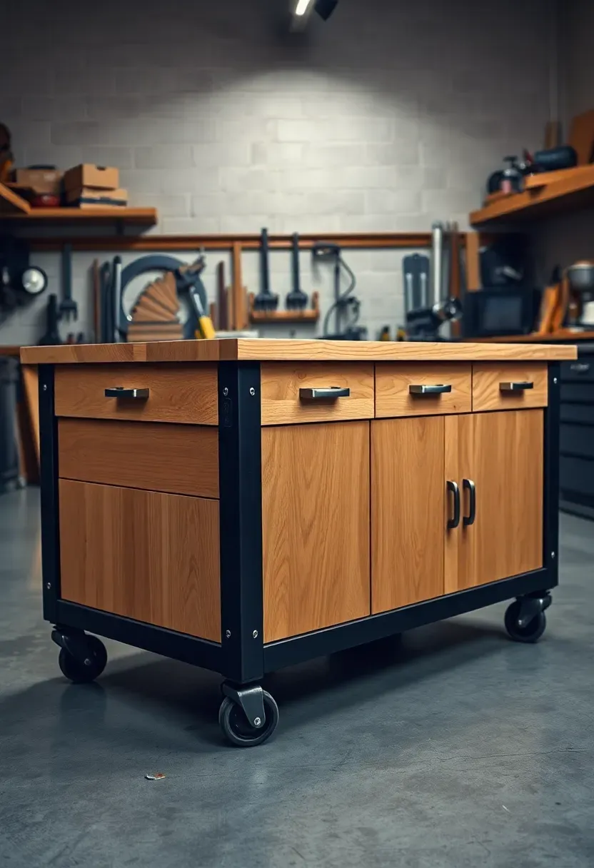 Large rolling workbench island in the center of a well-lit garage workshop with drawers on both sides