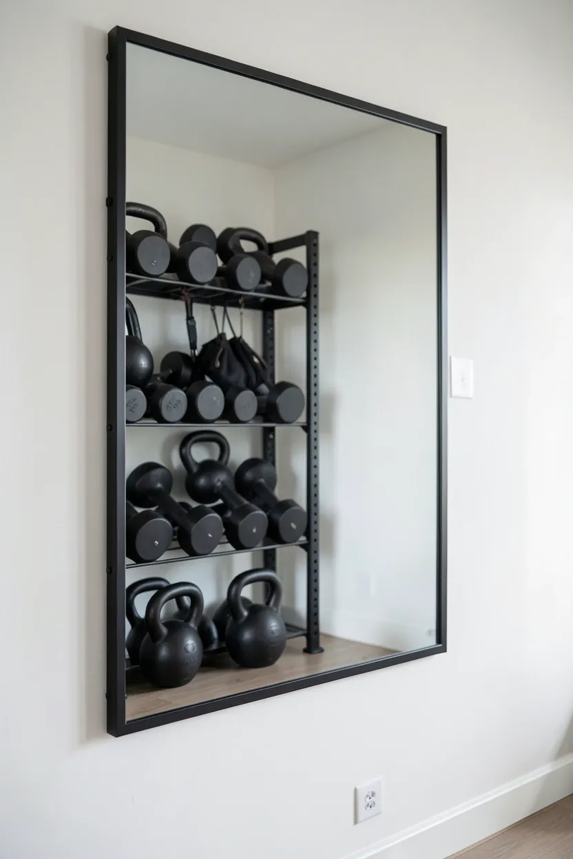 Large frameless wall mirror with hidden equipment rack system behind it — concealed gym storage for a minimal, clutter-free workout room