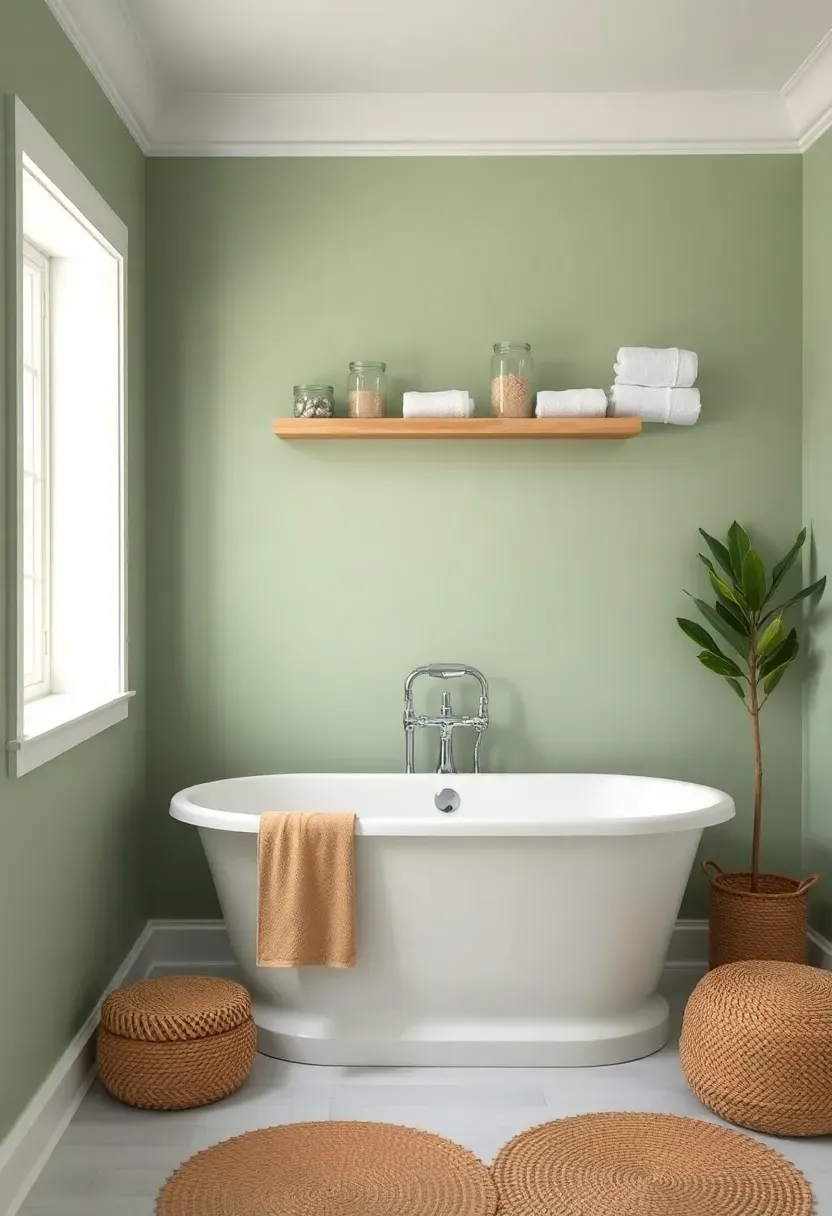 Sage green bathroom with white freestanding tub, matte sage walls, and natural wood shelving — a renter-friendly green bathroom design idea