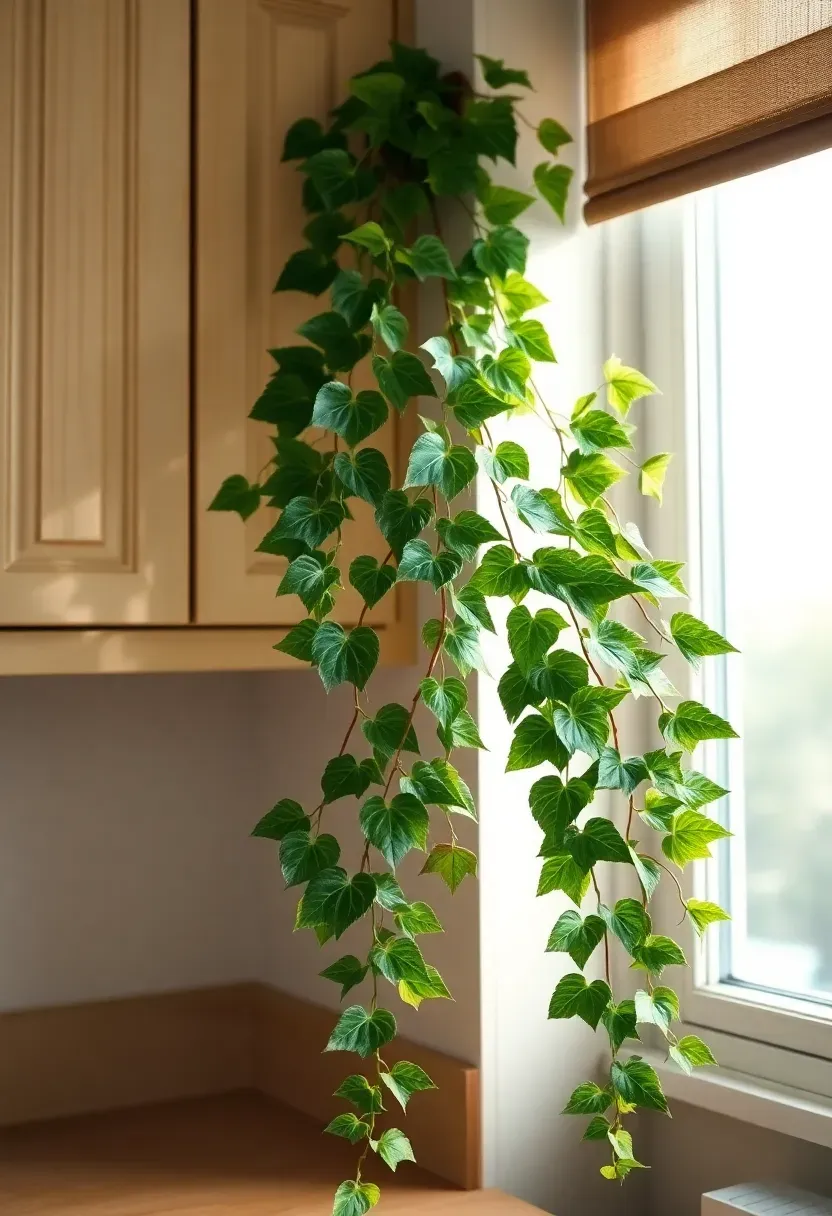 High-quality faux trailing greenery in terracotta pot above kitchen cabinets for rentals