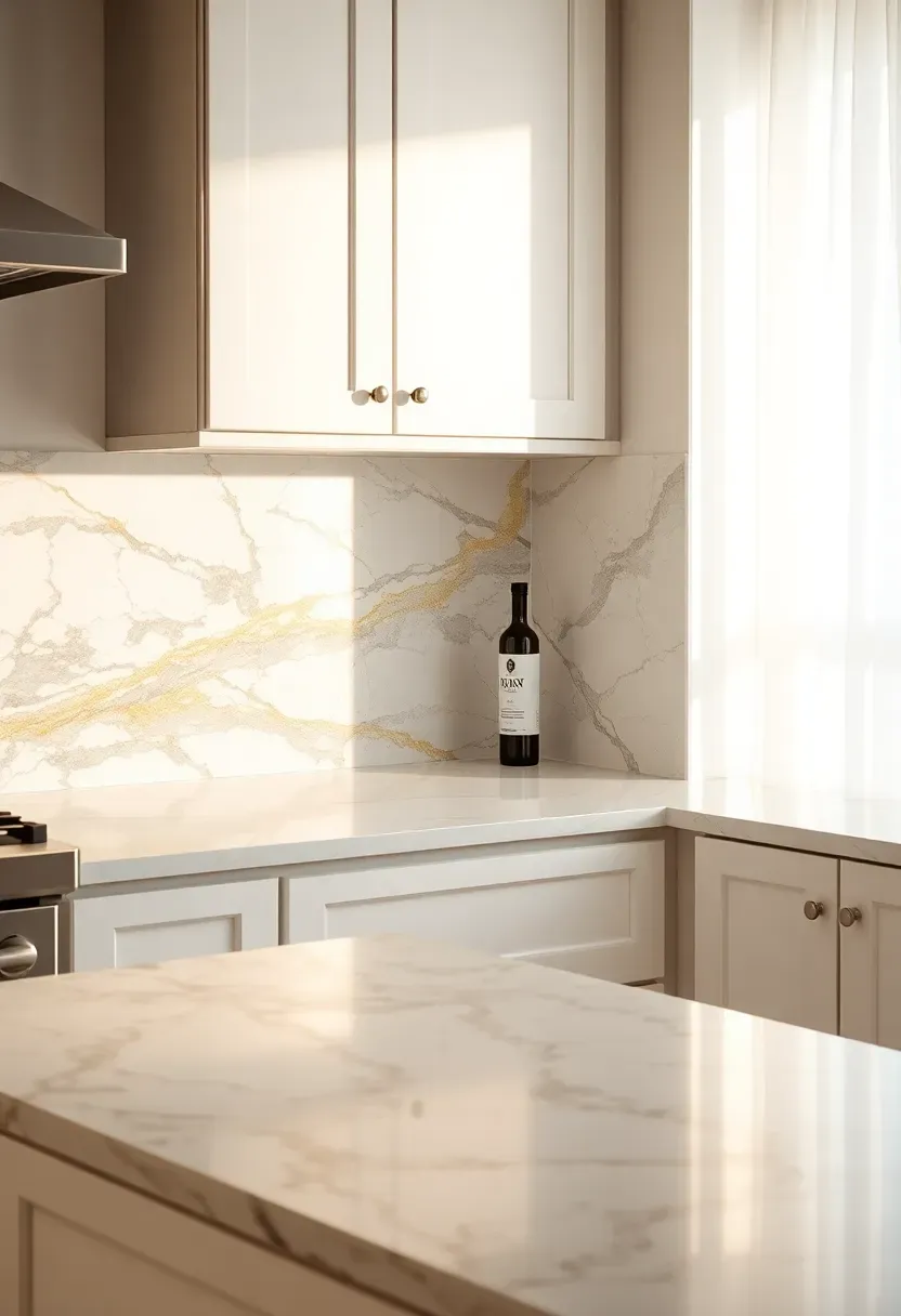 calacatta marble slab backsplash with bold gray veining behind white shaker cabinets and white quartz countertop