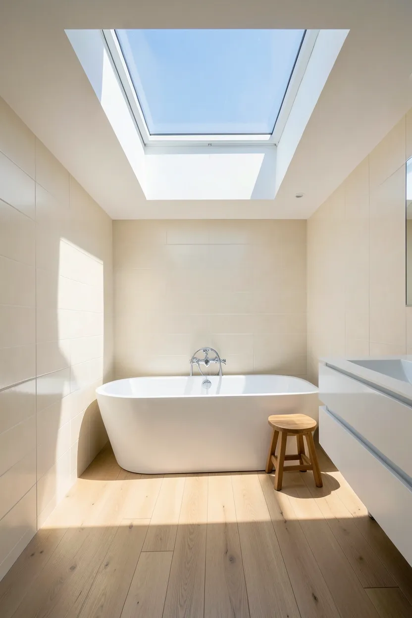 Hyper-realistic elevated photograph of zen bathroom with skylight natural light. Skylight in ceiling allowing bright natural daylight to flood space. Light creates soft shadows on walls and floor. Bathroom features white freestanding tub centered under skylight. Walls in pale cream ceramic tiles. Floor in light wood planks. Minimal white floating vanity. Small wooden stool beside tub. Clear blue sky visible through skylight. Materials: white tub, ceramic tiles, oak wood. Bright airy mood. Wide composition showing skylight effect. No text, no logos, no watermarks.</p>