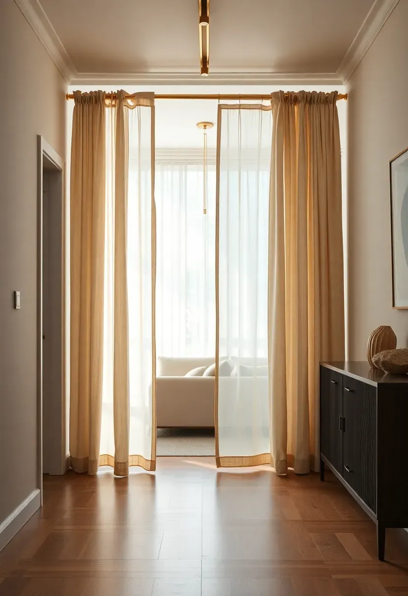 Floor-to-ceiling sheer linen curtain panels on brass ceiling track dividing apartment entryway from living area