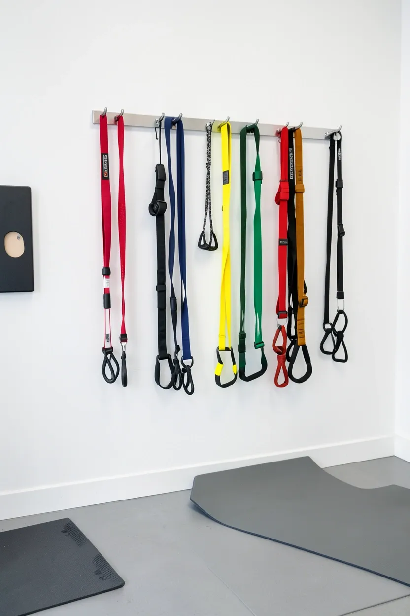 Wall-mounted hooks organizing color-coded resistance bands by tension level in a rental workout room
