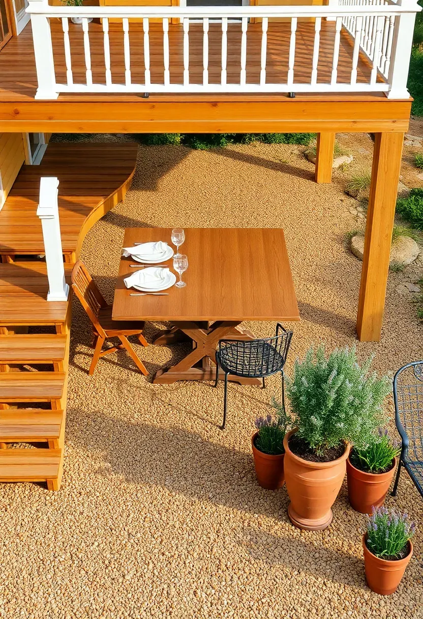 Raised wooden dining deck with a table set for six connected by stairs to a lower gravel patio with lounge chairs and potted plants