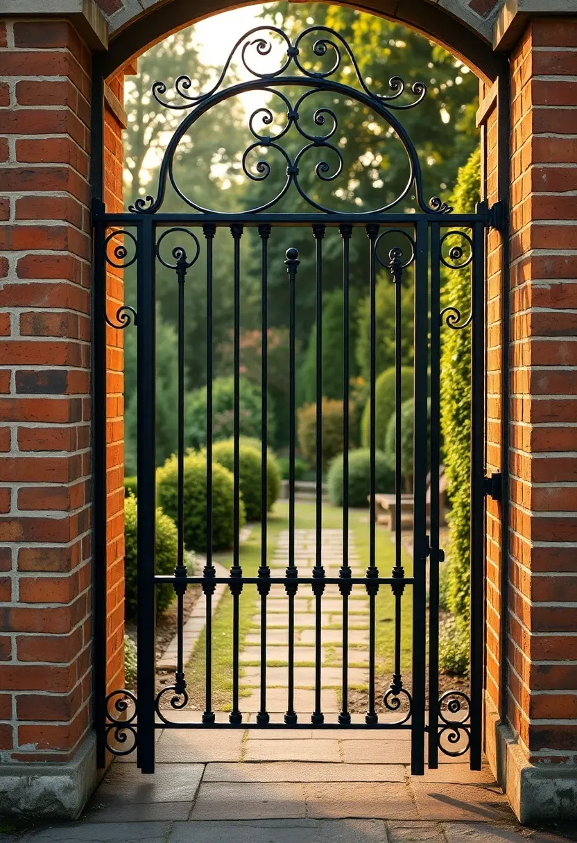 Ornate wrought iron scroll gate with decorative curves and a patina finish between brick pillars in a garden setting