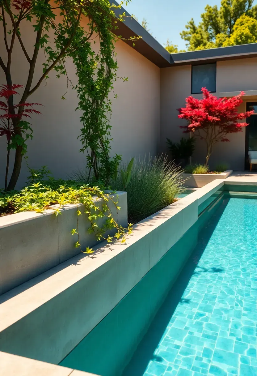 Contemporary pool with raised concrete planter walls on two sides filled with trailing plants, grasses, and small trees providing privacy