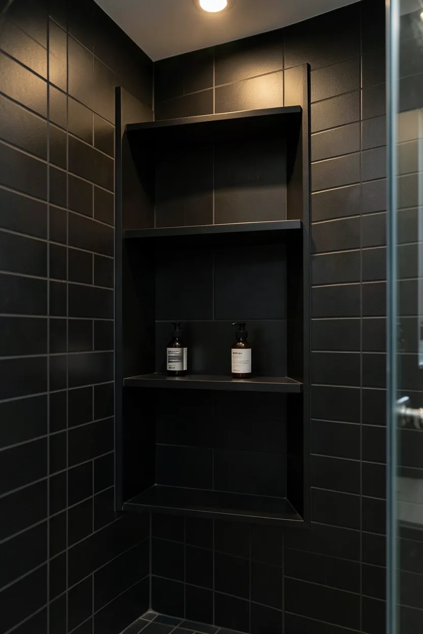 Black floating shelves and linen cabinet in a bathroom providing sleek functional storage with dramatic presence