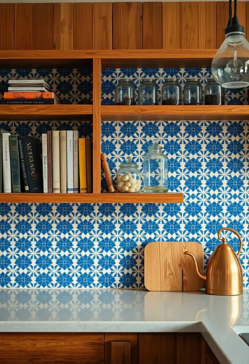 patterned encaustic cement tile backsplash in blue and white geometric design behind open wood shelving in eclectic kitchen