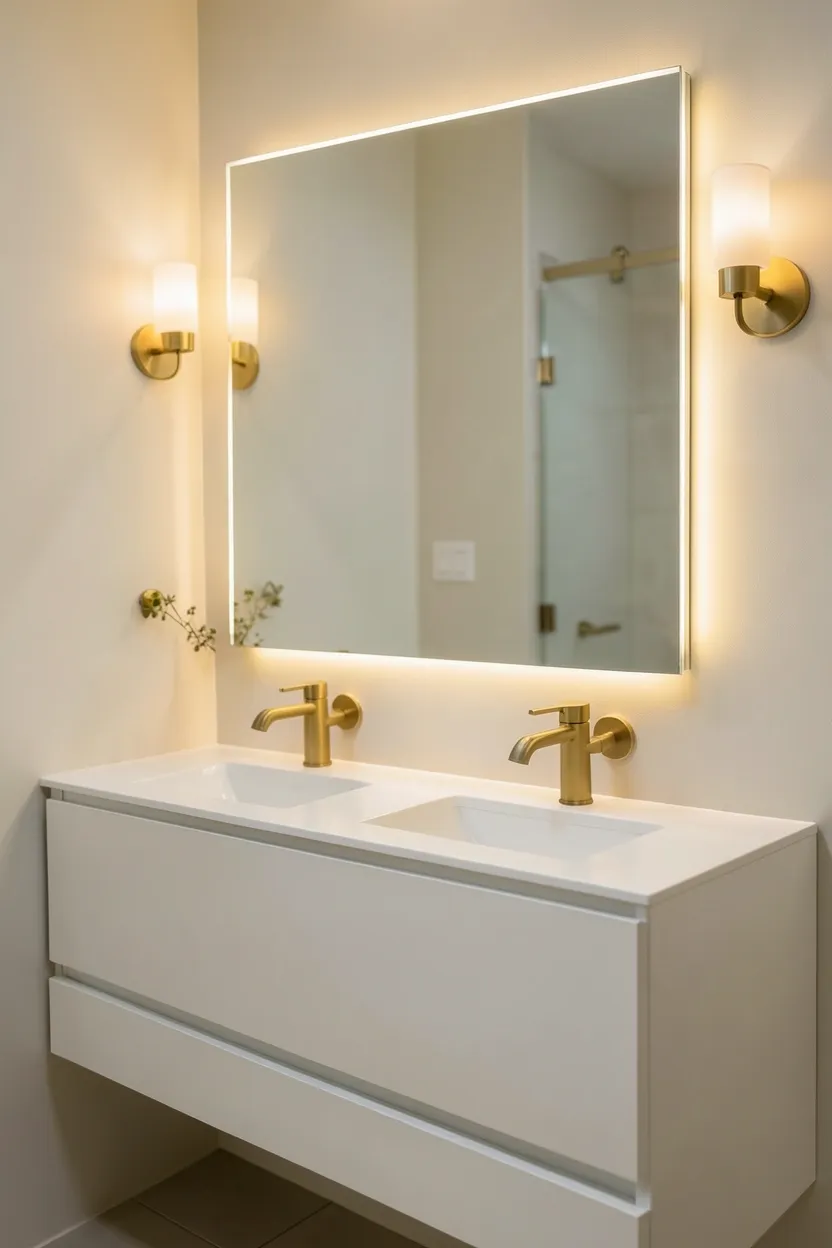 Double sink vanity with wide smart backlit mirror and wall sconces in a modern mansion bathroom layout
