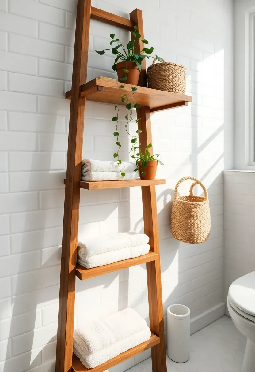 Wooden ladder shelf leaning against a bathroom wall holding folded towels baskets and small plants